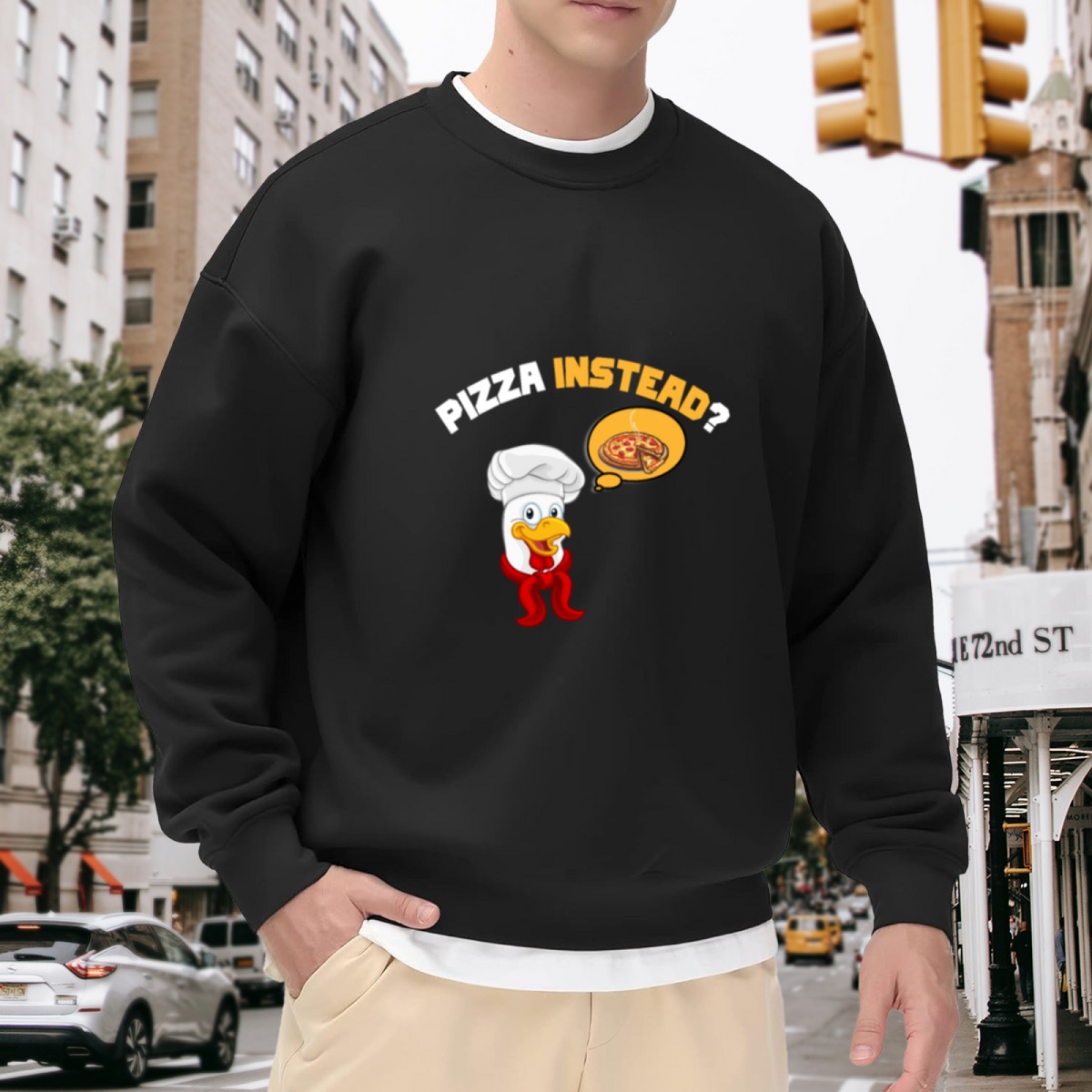 Pizza Instead Sweatshirt | Funny Cartoon Chef Duck Graphic Crewneck, Foodie Humor Pullover Top, Pizza Lover Gift for Men Women
