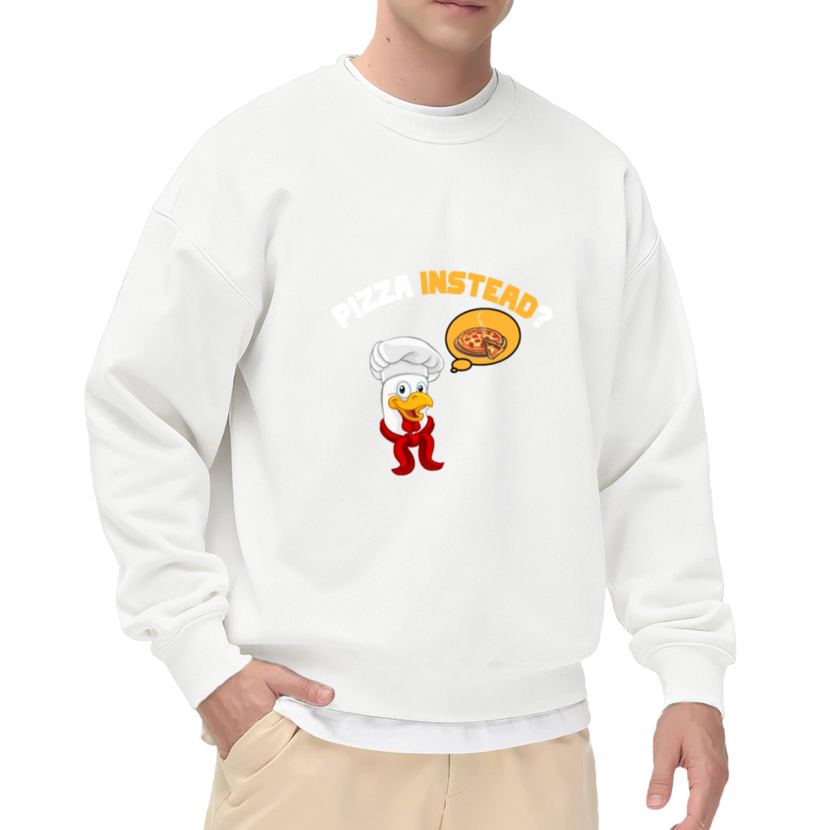 Pizza Instead Sweatshirt | Funny Cartoon Chef Duck Graphic Crewneck, Foodie Humor Pullover Top, Pizza Lover Gift for Men Women