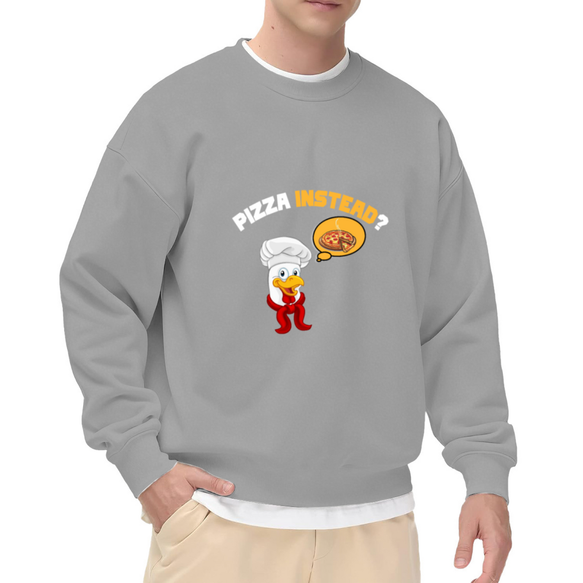 Pizza Instead Sweatshirt | Funny Cartoon Chef Duck Graphic Crewneck, Foodie Humor Pullover Top, Pizza Lover Gift for Men Women