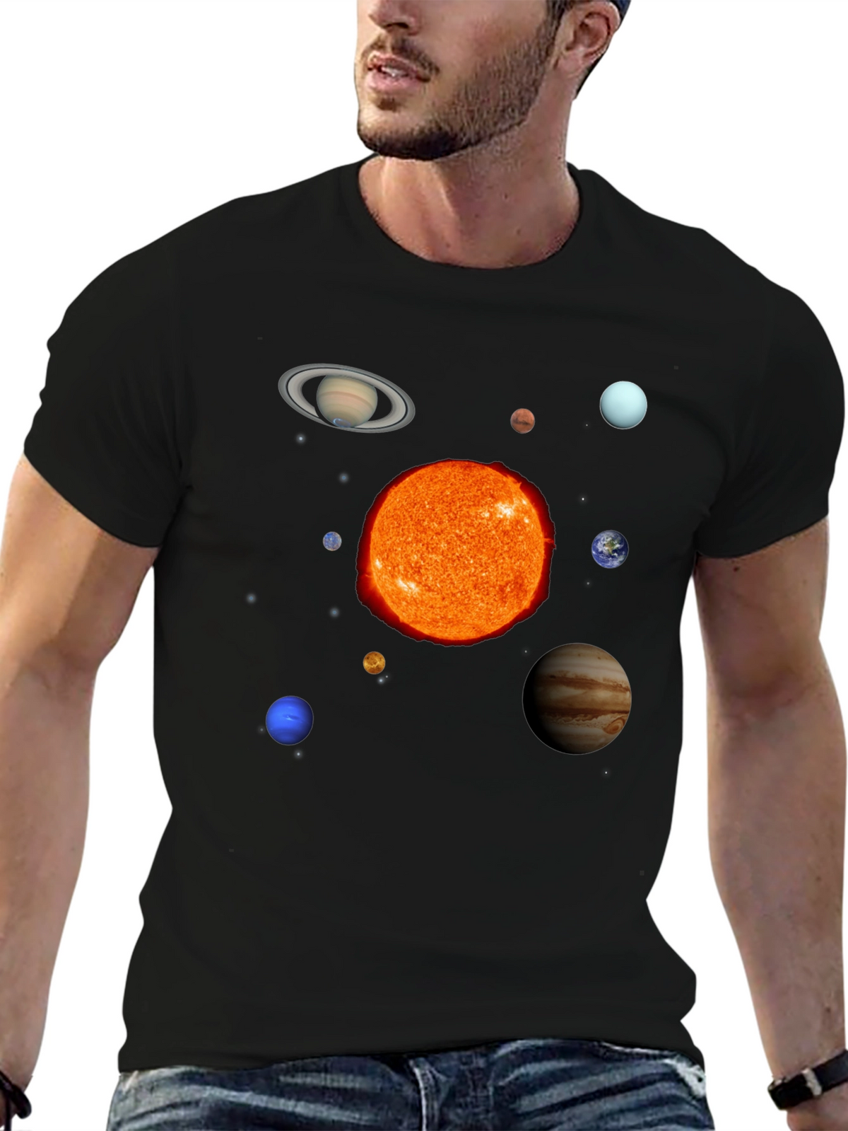 Solar System Planets Graphic Print Black T-Shirt
