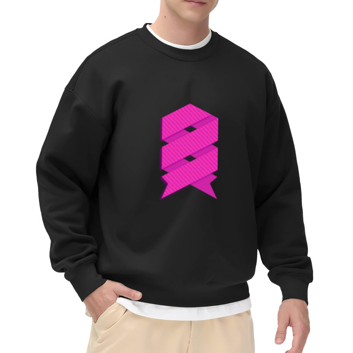 Abstract Geometric Ribbon Crewneck Sweatshirt - Modern Magenta Art Pullover, Minimalist Abstract Pattern, Trendy Streetwear Top