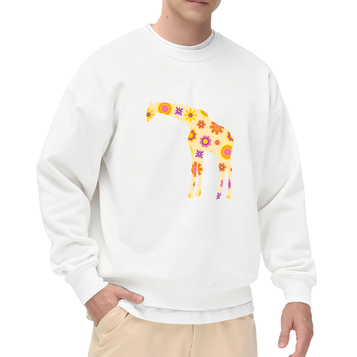 Floral Giraffe Silhouette Crewneck Sweatshirt, Retro Flower Pattern Pullover, Hippie Animal Gift