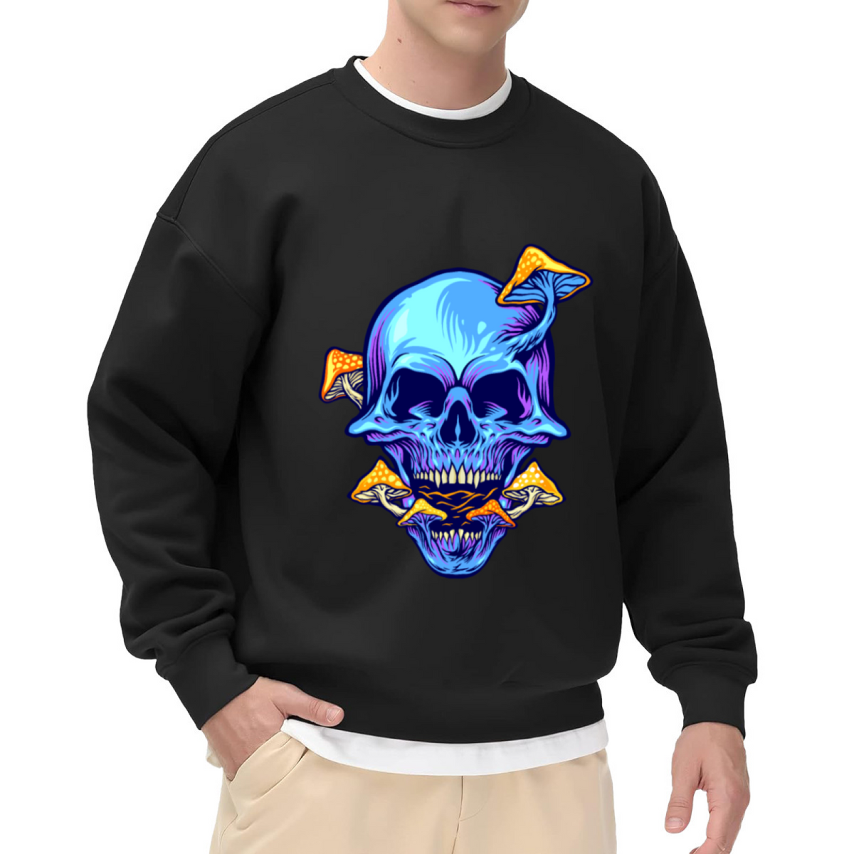 Neon Skull Mushroom Sweatshirt | Psychedelic Glowing Skull Graphic Crewneck, Dark Trippy Art Pullover Top, Halloween Gift for Men Women