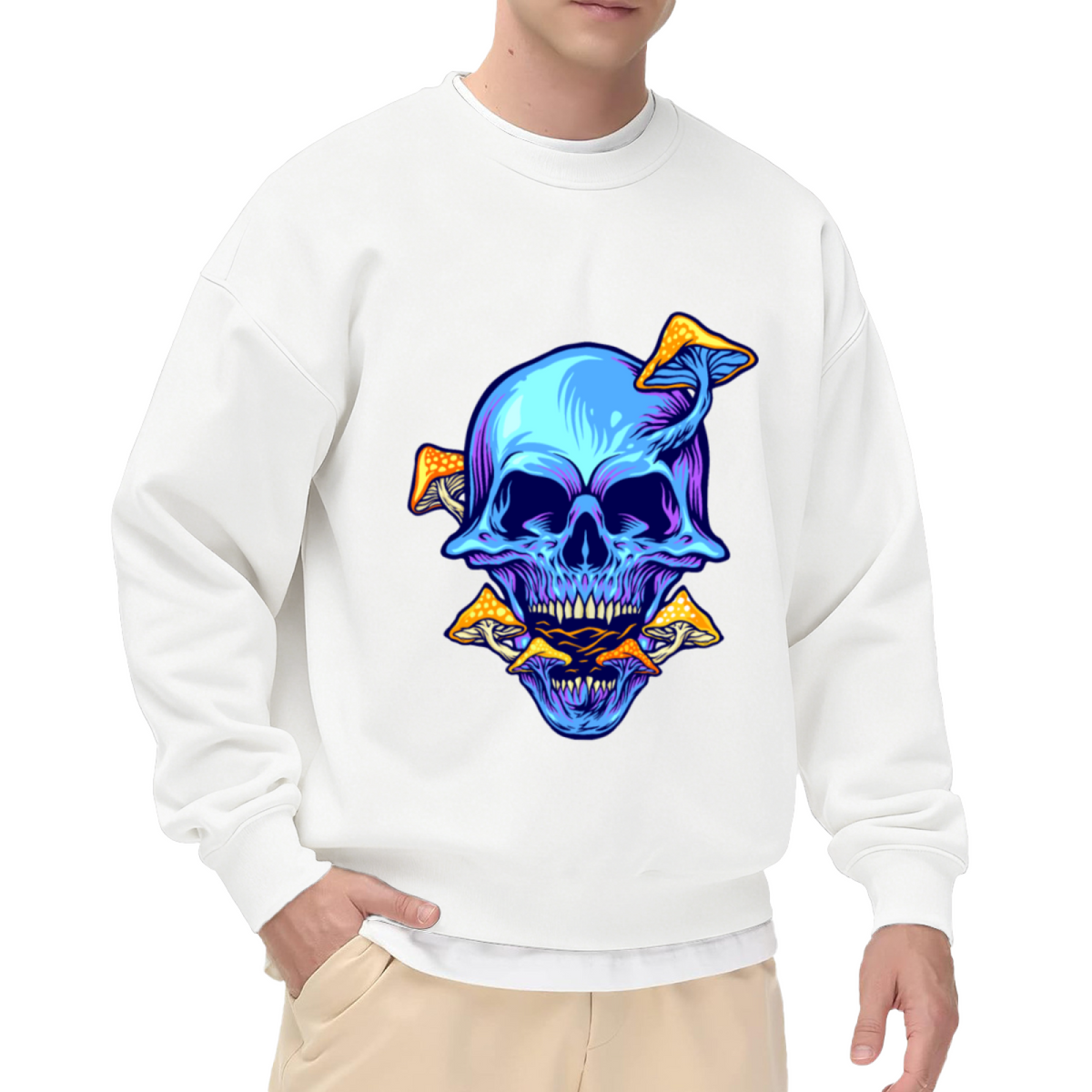 Neon Skull Mushroom Sweatshirt | Psychedelic Glowing Skull Graphic Crewneck, Dark Trippy Art Pullover Top, Halloween Gift for Men Women