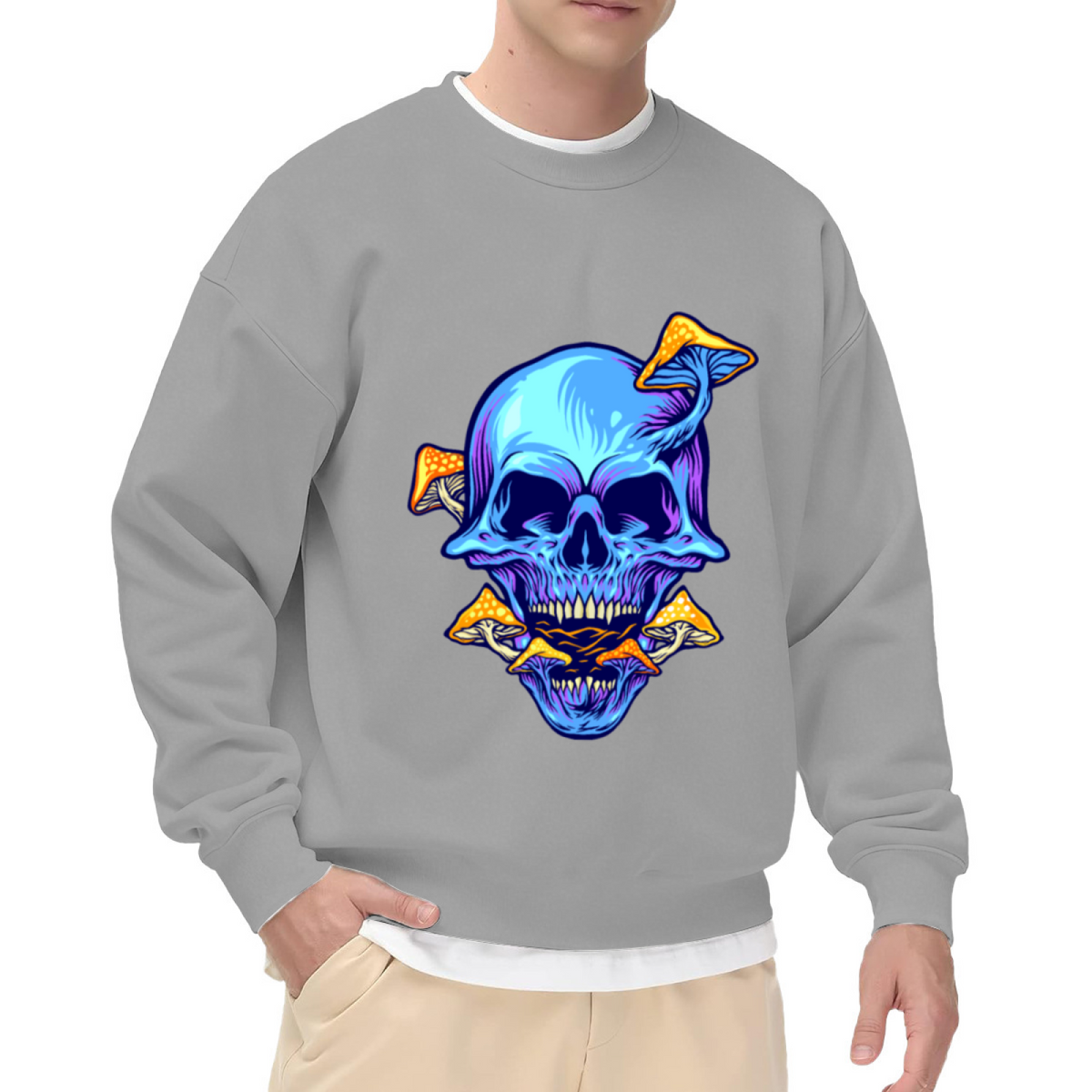 Neon Skull Mushroom Sweatshirt | Psychedelic Glowing Skull Graphic Crewneck, Dark Trippy Art Pullover Top, Halloween Gift for Men Women