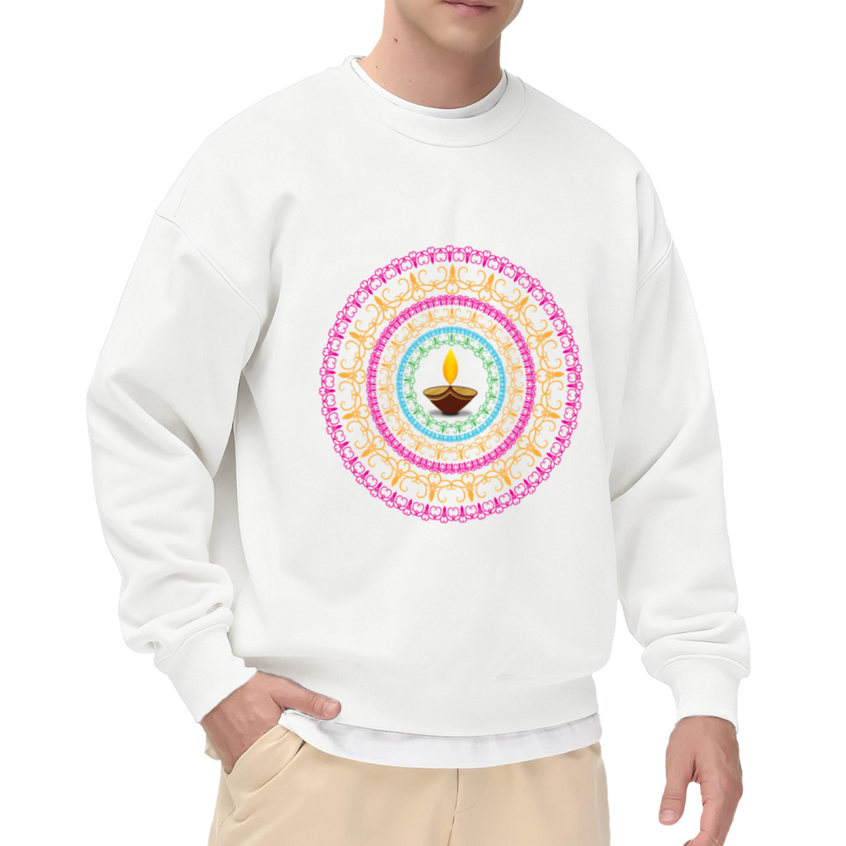 Ethnic Inspired Circular Mandala Pattern with Central Diya Lamp in Bright Colors Design Crewneck Sweatshirt