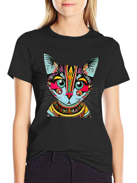 Colorful Geometric Cat Graphic T-Shirt