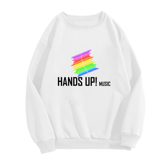 HANDS UP! MUSIC Crewneck Sweatshirt with Rainbow Pixel Music Note Graphic