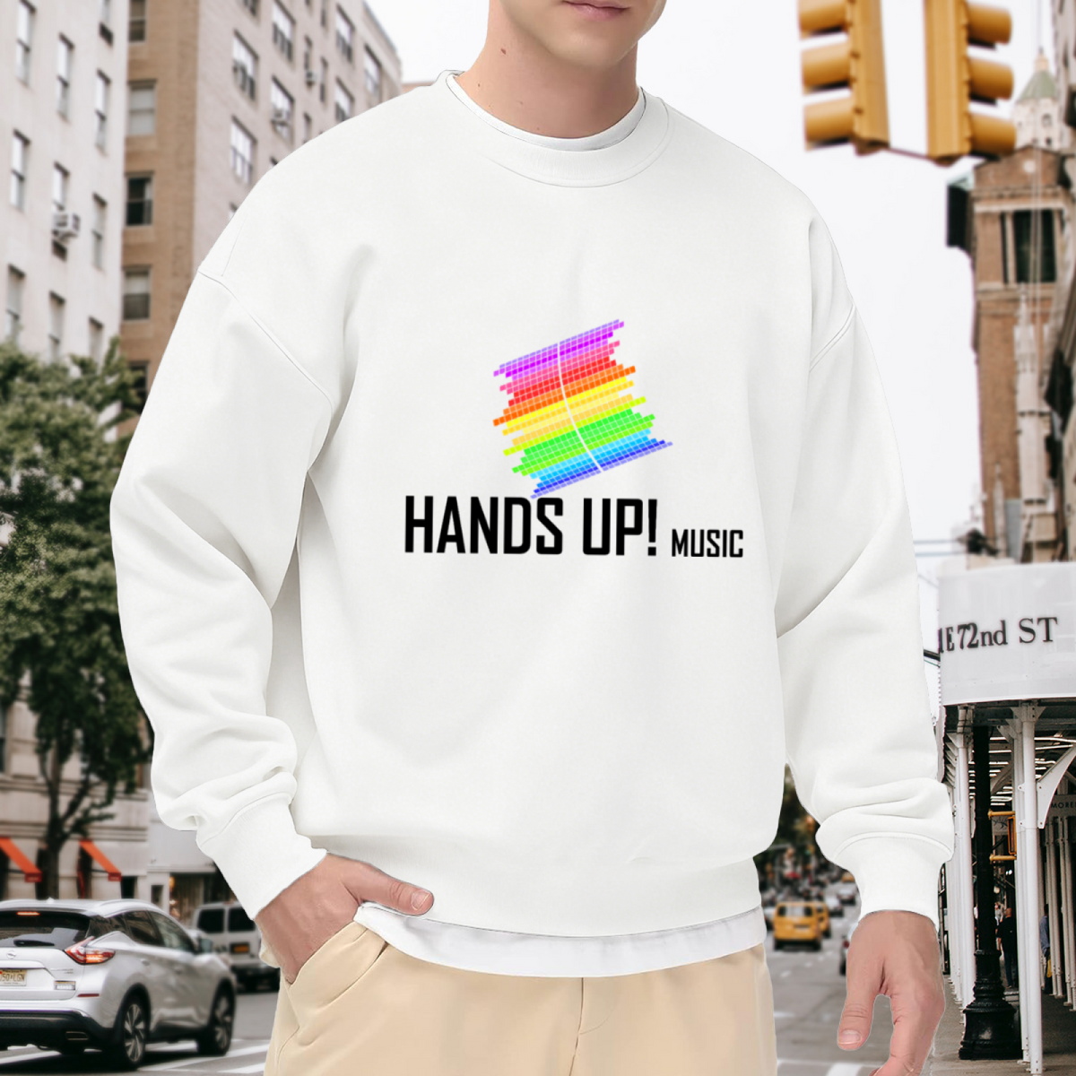 HANDS UP! MUSIC Crewneck Sweatshirt with Rainbow Pixel Music Note Graphic