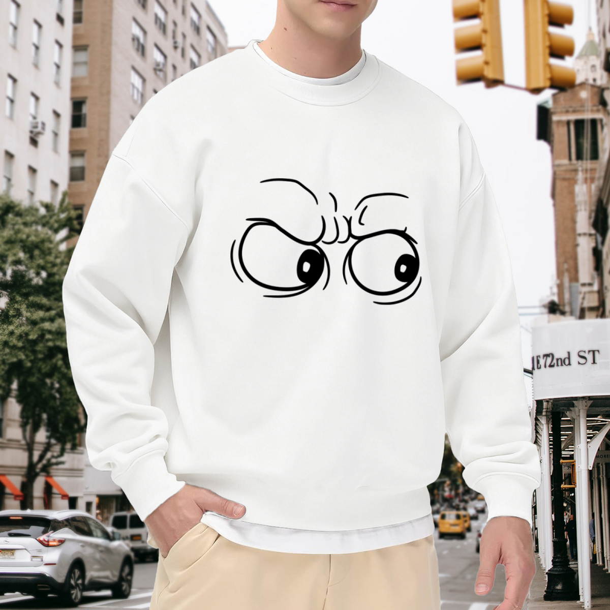 Side Eye Cartoon Eyes Crewneck Sweatshirt | Funny Grumpy Judging Face Graphic Pullover, Sarcastic Gift Top