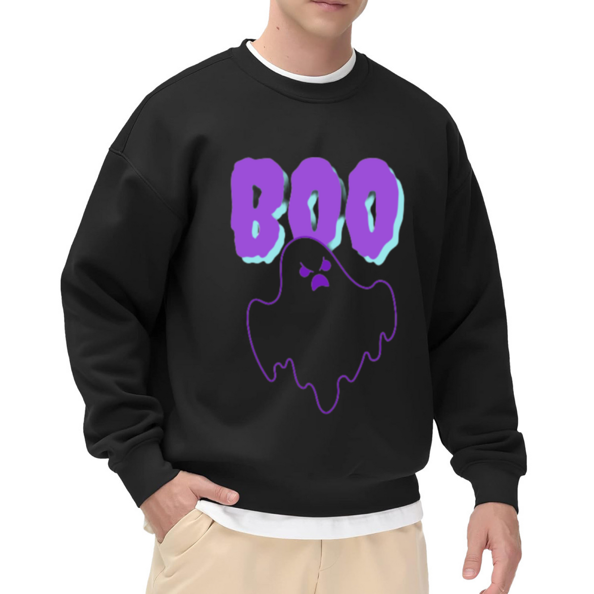 BOO Grumpy Ghost Halloween Crewneck Sweatshirt | Spooky Cute Cartoon Ghost Graphic Pullover, Retro Glitch Text Holiday Top