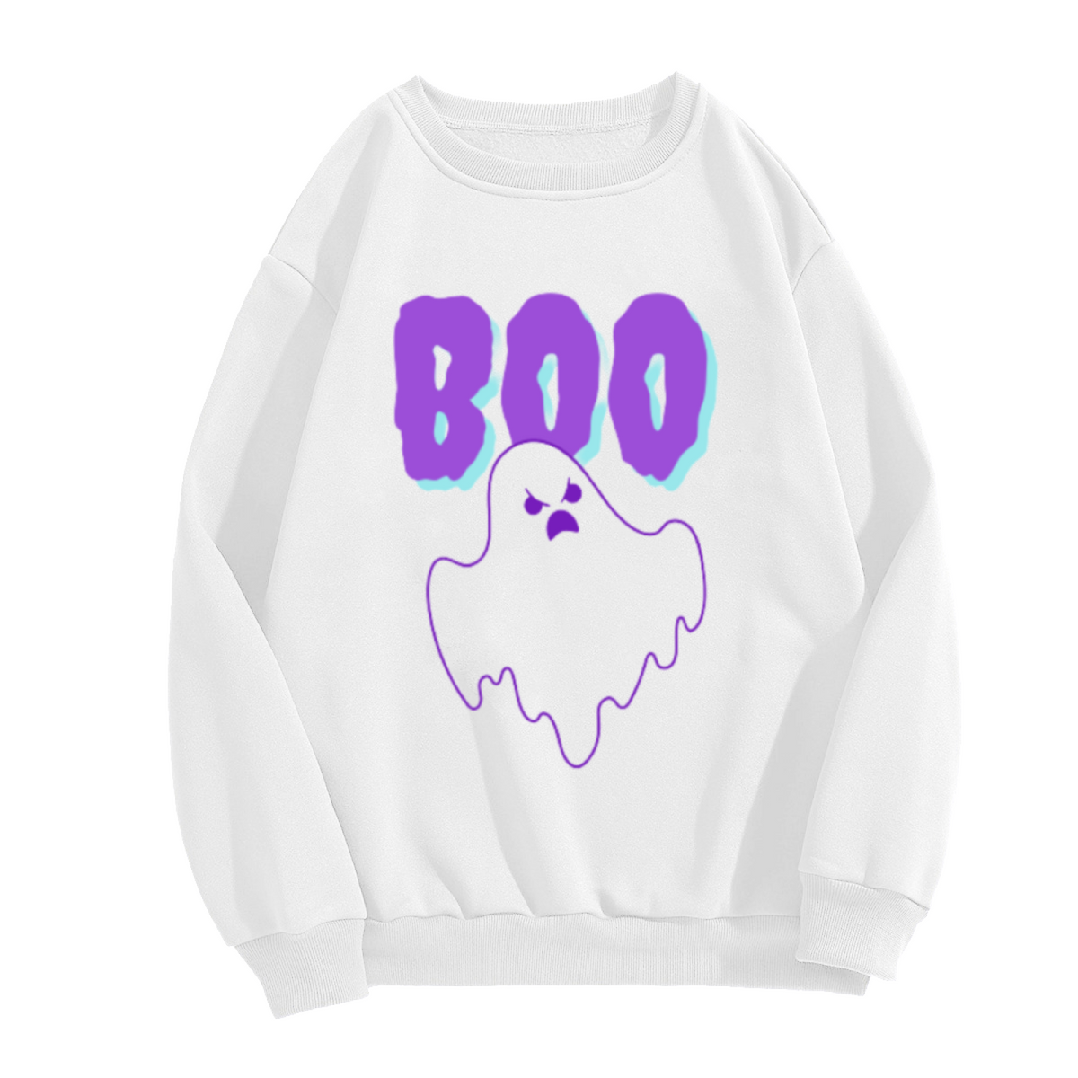 BOO Grumpy Ghost Halloween Crewneck Sweatshirt | Spooky Cute Cartoon Ghost Graphic Pullover, Retro Glitch Text Holiday Top