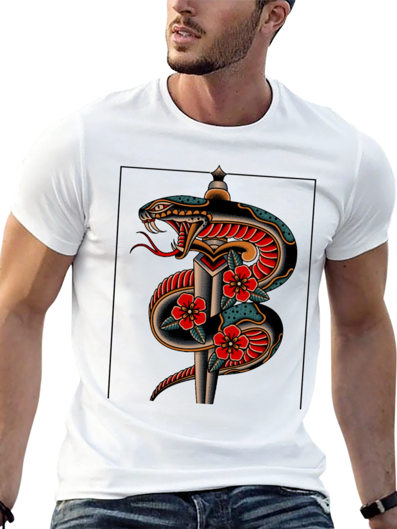 Snake & Dagger Graphic Print Black Tee