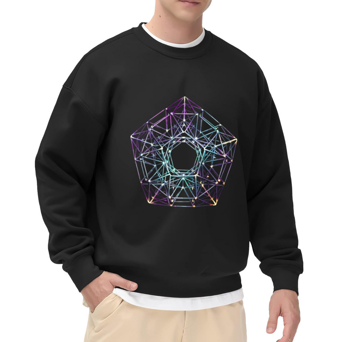 Holographic Wireframe Polyhedron Geometric Crewneck Sweatshirt | Iridescent 3D Crystal Line Art Pullover, Futuristic Sci-Fi Abstract Gift