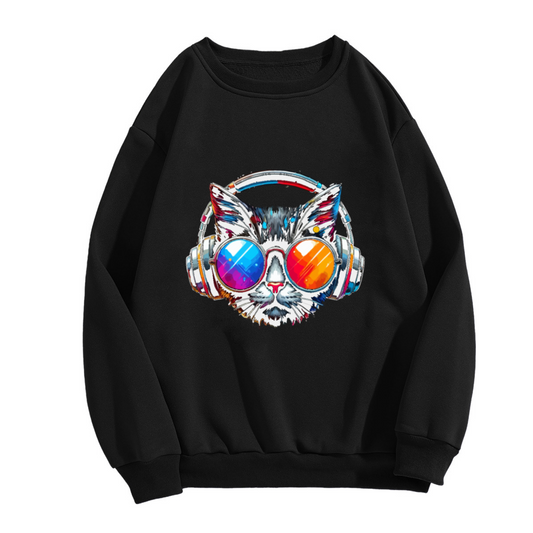 Cool Cat Headphones Sunglasses Art Crewneck Sweatshirt | Vibrant Paint Splash Cat Graphic Pullover, Music Cat Lover Gift