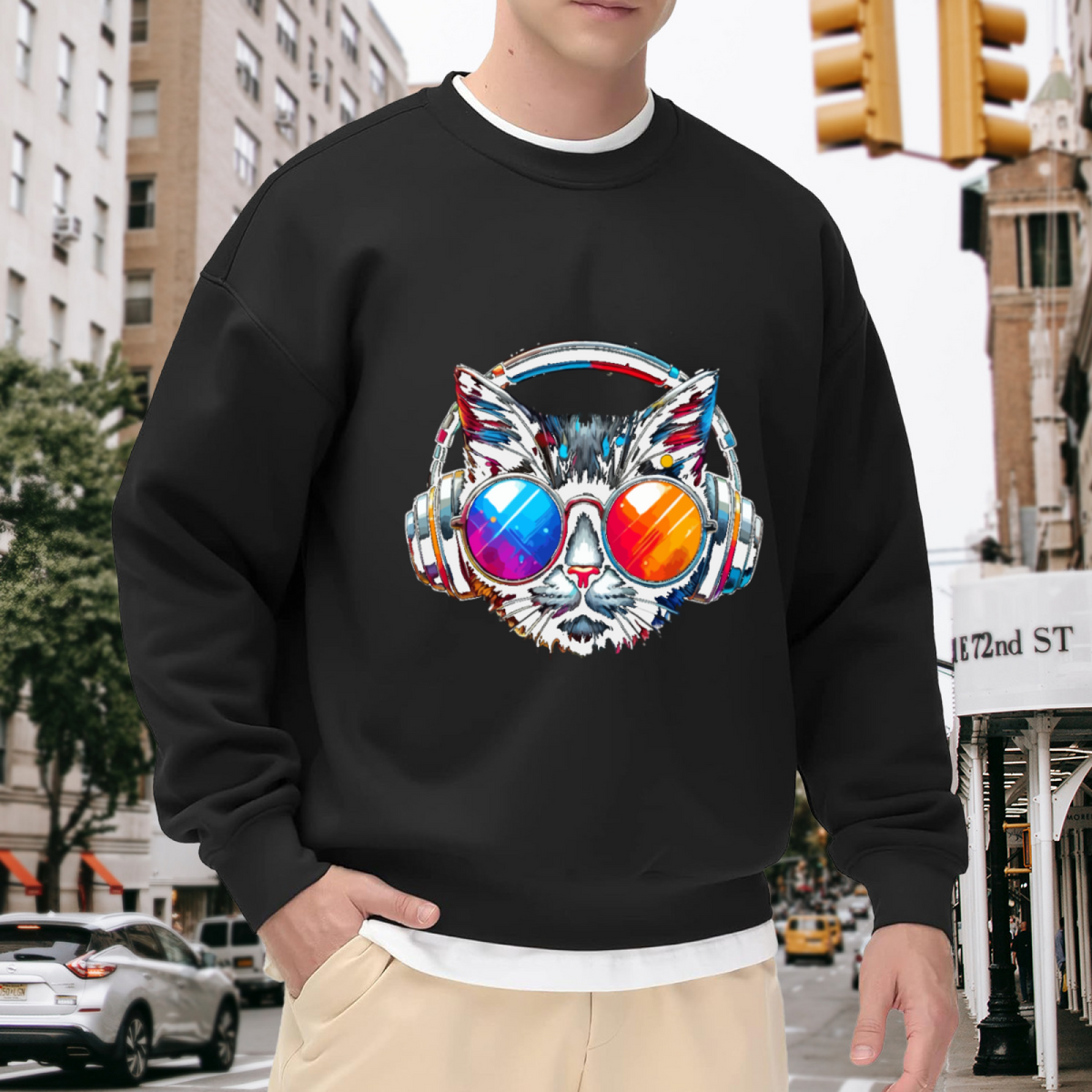 Cool Cat Headphones Sunglasses Art Crewneck Sweatshirt | Vibrant Paint Splash Cat Graphic Pullover, Music Cat Lover Gift