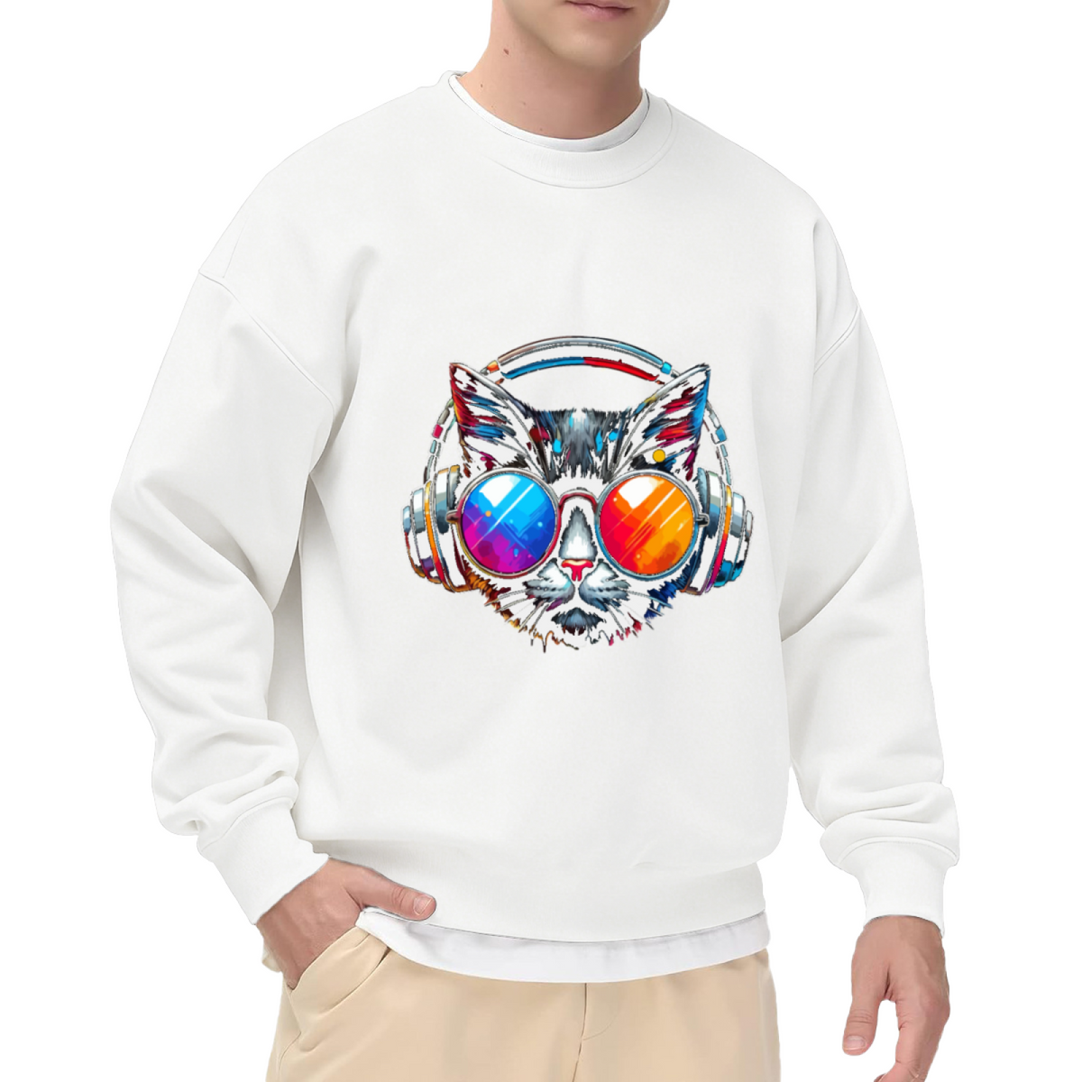 Cool Cat Headphones Sunglasses Art Crewneck Sweatshirt | Vibrant Paint Splash Cat Graphic Pullover, Music Cat Lover Gift