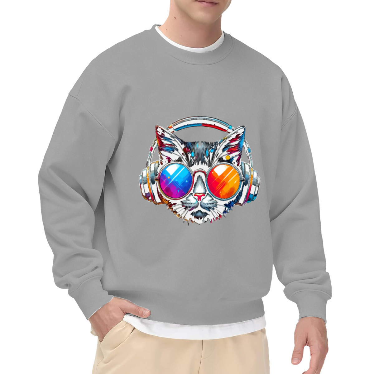 Cool Cat Headphones Sunglasses Art Crewneck Sweatshirt | Vibrant Paint Splash Cat Graphic Pullover, Music Cat Lover Gift