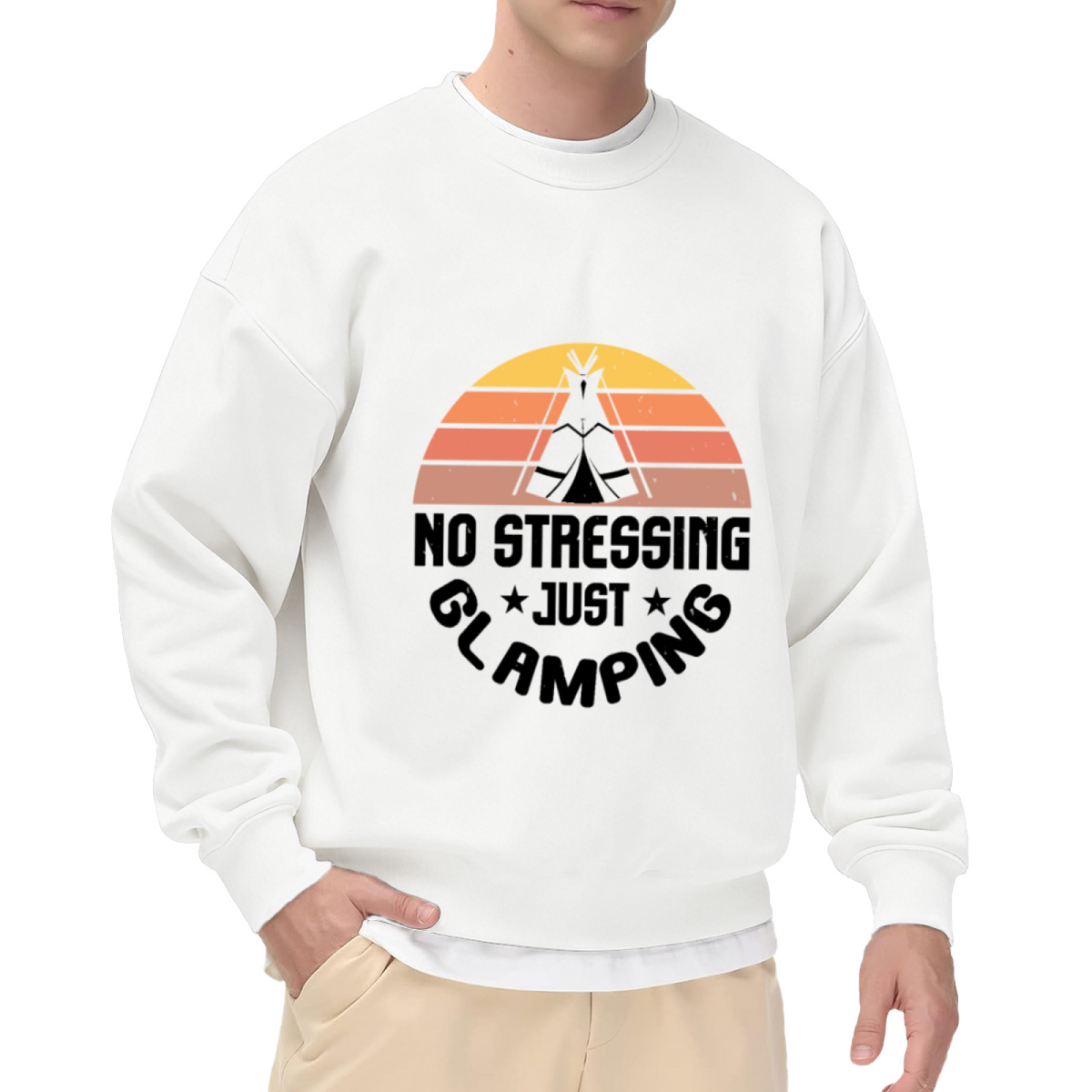 No Stressing Just Glamping Tipi Tent Crewneck Sweatshirt, Retro Sunset Camping Pullover, Outdoor Gift