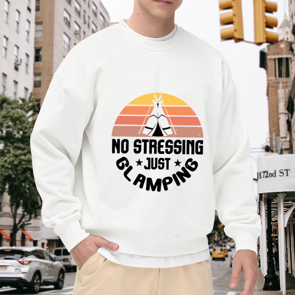 No Stressing Just Glamping Tipi Tent Crewneck Sweatshirt, Retro Sunset Camping Pullover, Outdoor Gift
