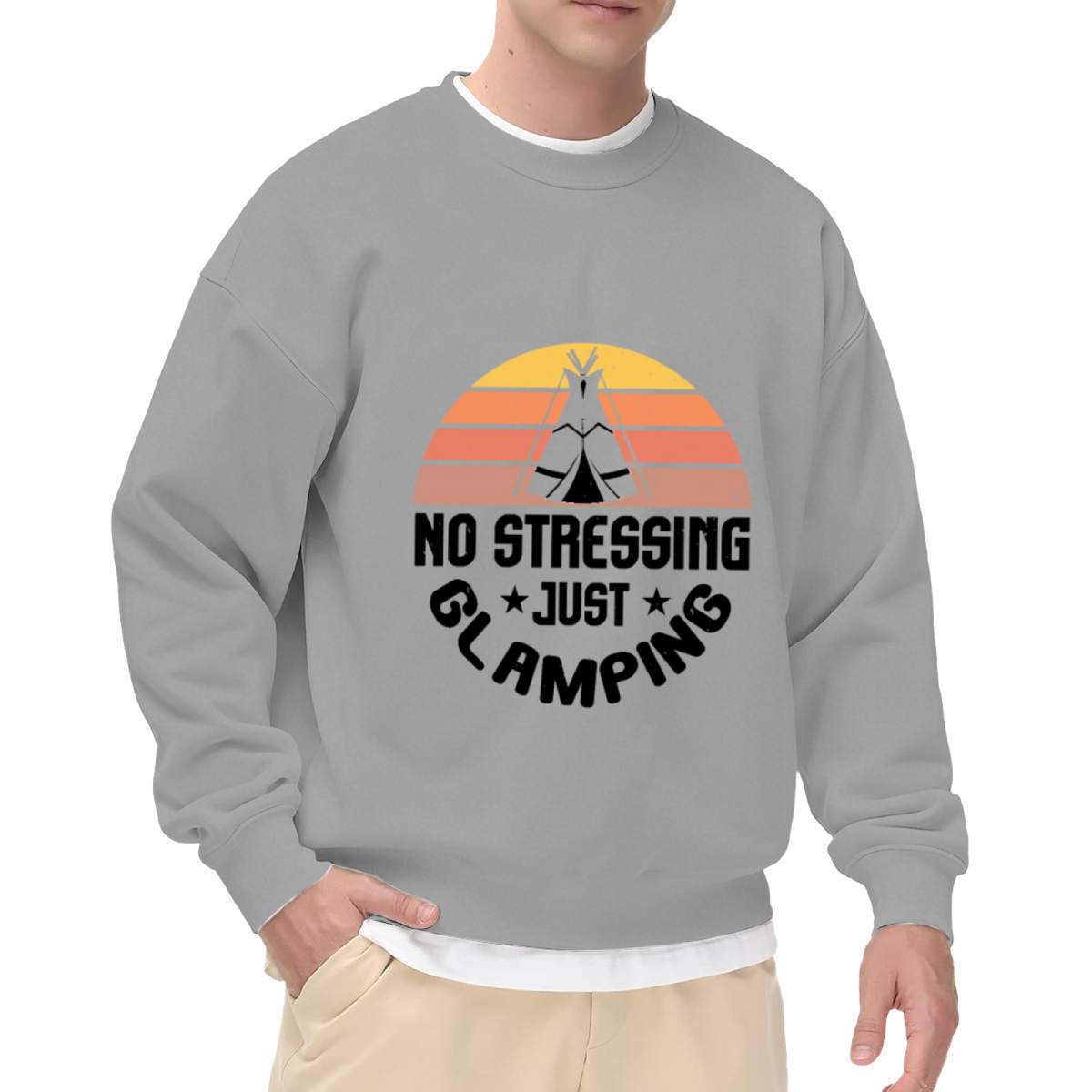 No Stressing Just Glamping Tipi Tent Crewneck Sweatshirt, Retro Sunset Camping Pullover, Outdoor Gift