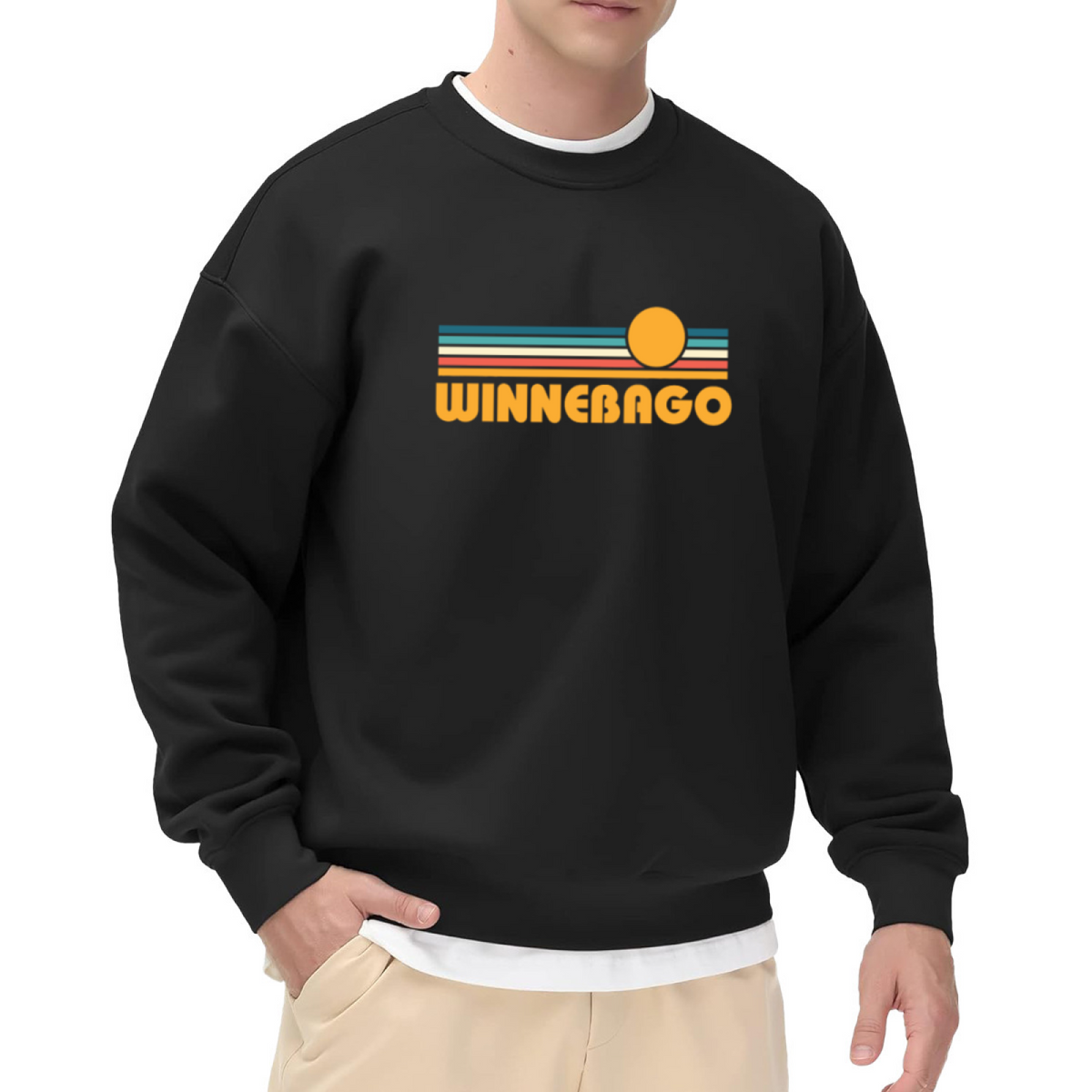 Winnebago Retro Sunset Stripes Crewneck Sweatshirt | Vintage Camper Lettering Pullover, 70s Road Trip Graphic Top, Camping Gift