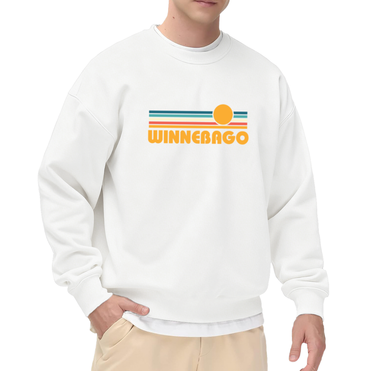 Winnebago Retro Sunset Stripes Crewneck Sweatshirt | Vintage Camper Lettering Pullover, 70s Road Trip Graphic Top, Camping Gift
