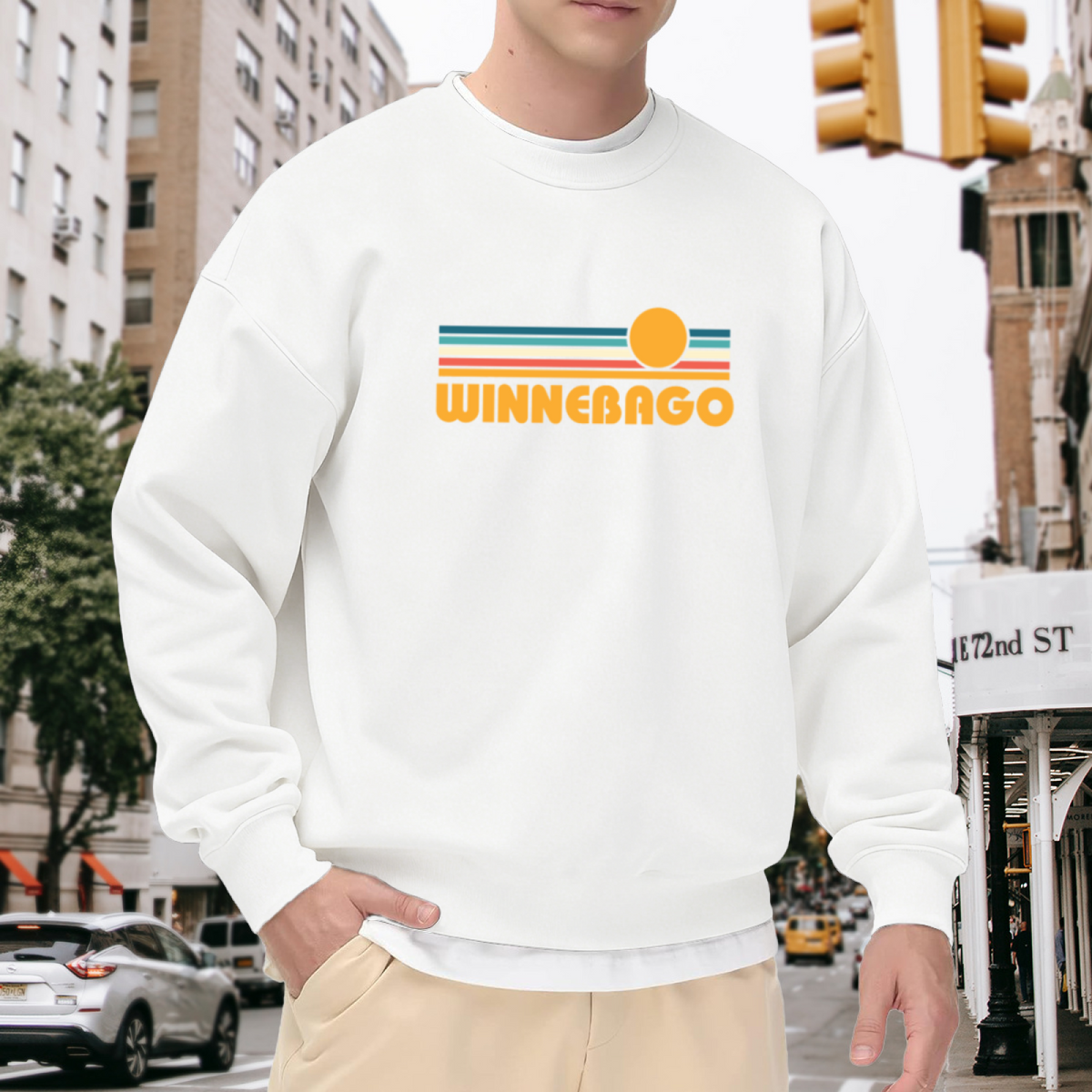 Winnebago Retro Sunset Stripes Crewneck Sweatshirt | Vintage Camper Lettering Pullover, 70s Road Trip Graphic Top, Camping Gift