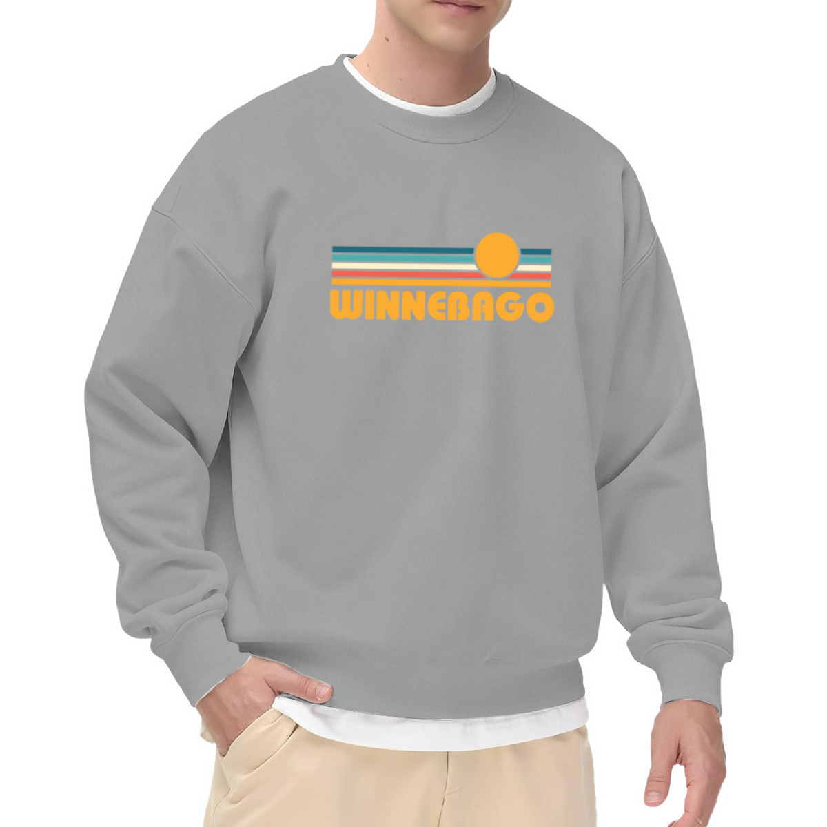 Winnebago Retro Sunset Stripes Crewneck Sweatshirt | Vintage Camper Lettering Pullover, 70s Road Trip Graphic Top, Camping Gift