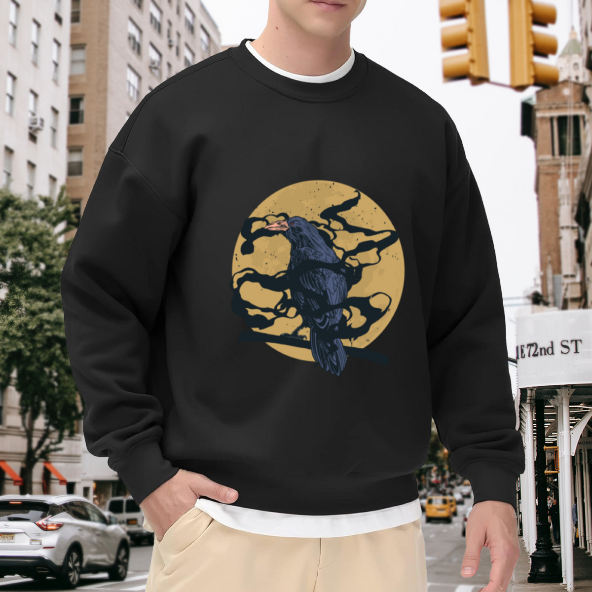 Raven Full Moon Crewneck Sweatshirt | Dark Vintage Bird Graphic Pullover, Gothic Nature Streetwear Top, Halloween Gift