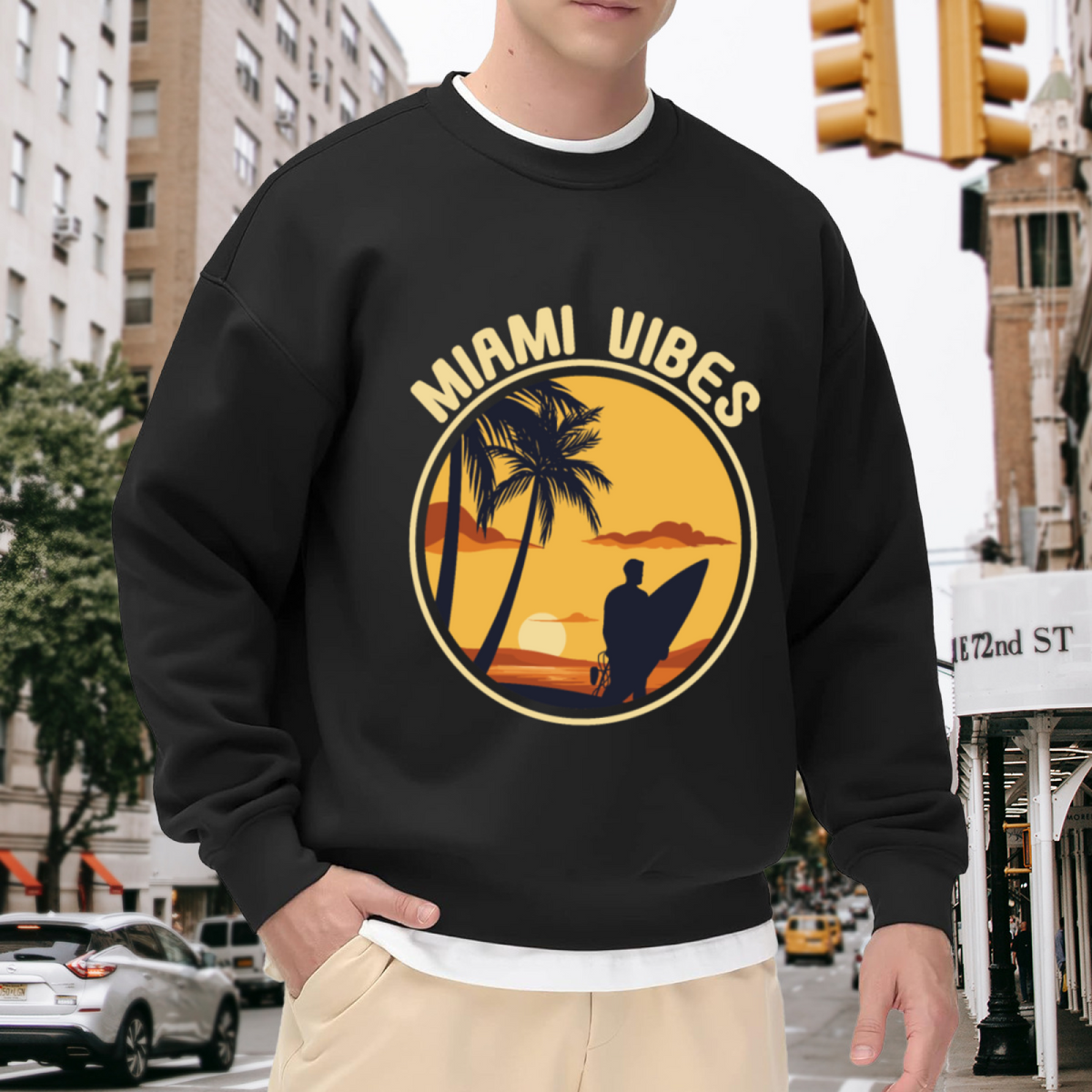 Miami Vibes Beach Sunset Crewneck Sweatshirt, Palm Tree Surfer Pullover, Tropical Vacation Gift