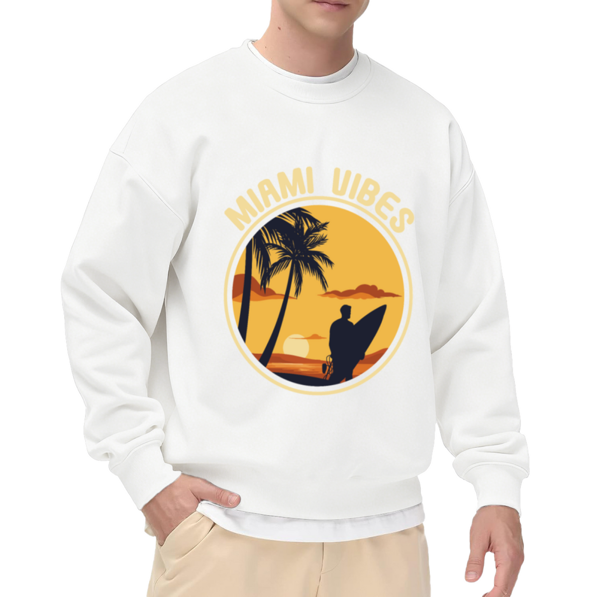 Miami Vibes Beach Sunset Crewneck Sweatshirt, Palm Tree Surfer Pullover, Tropical Vacation Gift