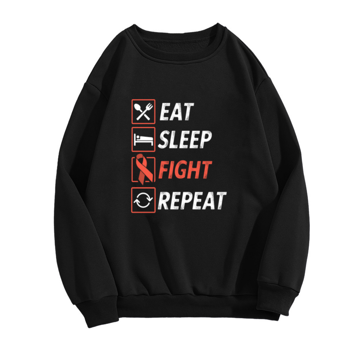 Eat Sleep Fight Repeat Crewneck Sweatshirt Red Ribbon Fighter Awareness Graphic