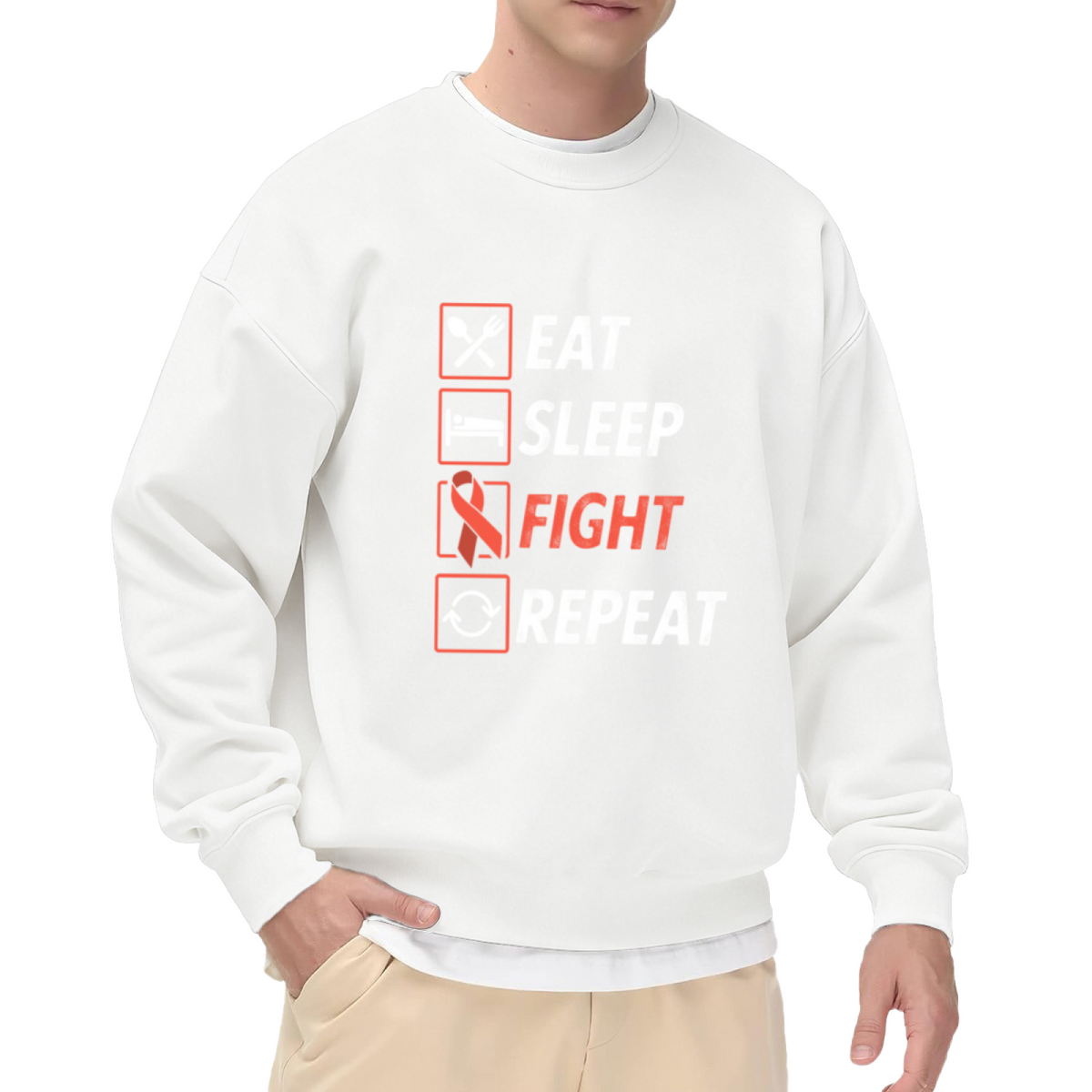 Eat Sleep Fight Repeat Crewneck Sweatshirt Red Ribbon Fighter Awareness Graphic