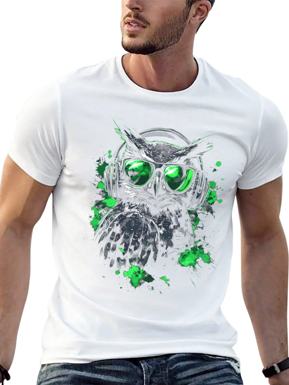 Cool Owl in Headphones Graphic Tee - Black
