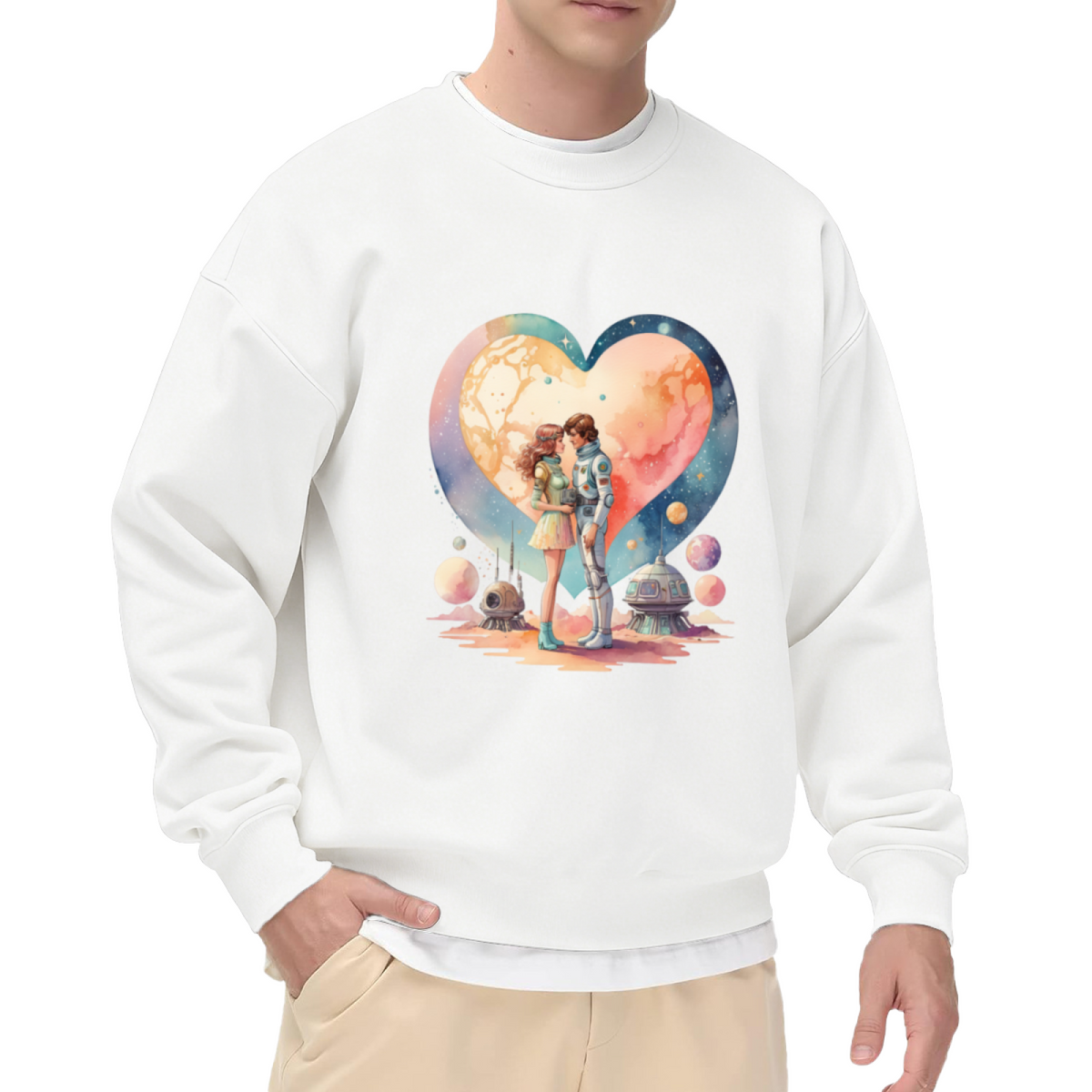 Space Love Astronaut Couple Crewneck Sweatshirt - Cosmic Romance Graphic Pullover, Sci-Fi Couple Gift, Galaxy Valentine Top