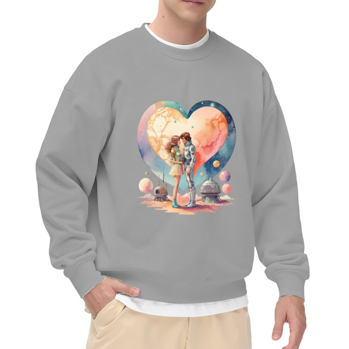 Space Love Astronaut Couple Crewneck Sweatshirt - Cosmic Romance Graphic Pullover, Sci-Fi Couple Gift, Galaxy Valentine Top