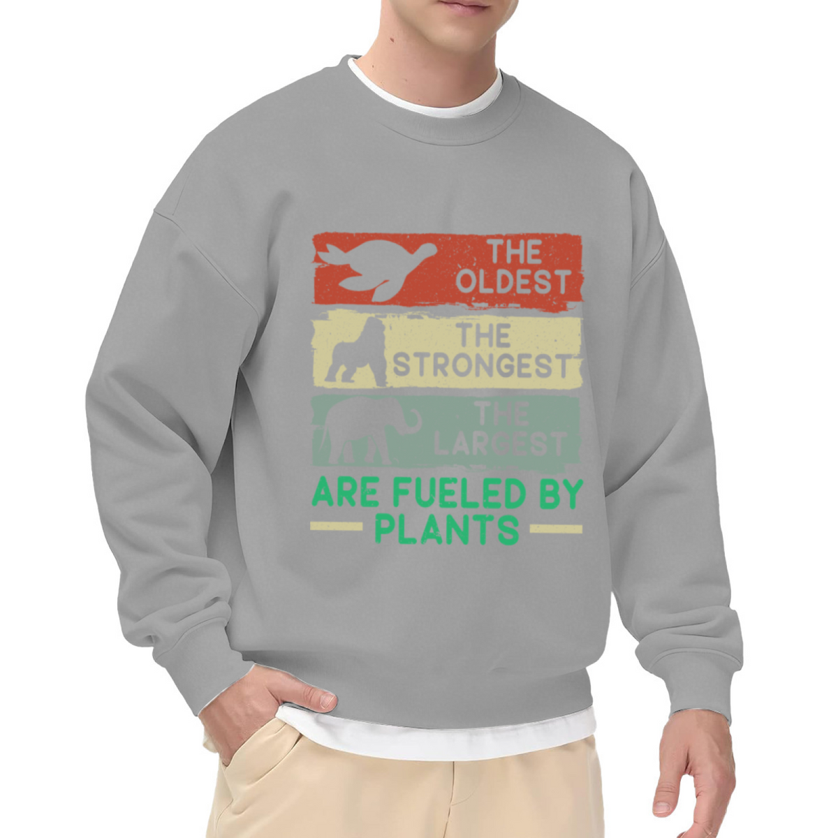Vintage Plant-Based Crewneck Sweatshirt with The Oldest, Strongest, Largest Animals Fueled by Plants Graphic Design