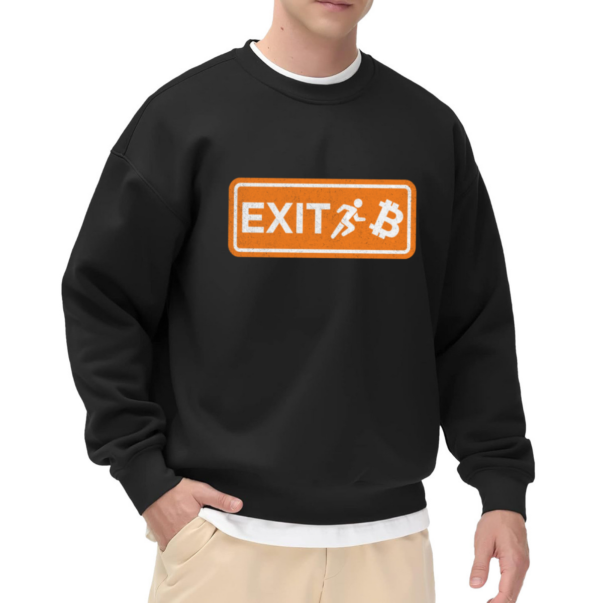 Bitcoin Exit Sign Running Man Crewneck Sweatshirt, Crypto Emergency Exit Parody Pullover, BTC Gift