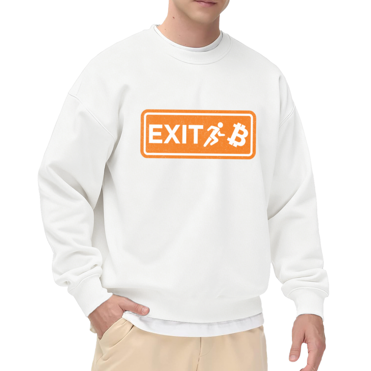 Bitcoin Exit Sign Running Man Crewneck Sweatshirt, Crypto Emergency Exit Parody Pullover, BTC Gift
