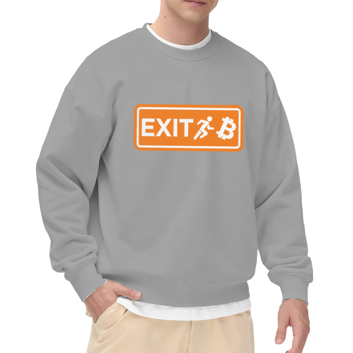 Bitcoin Exit Sign Running Man Crewneck Sweatshirt, Crypto Emergency Exit Parody Pullover, BTC Gift