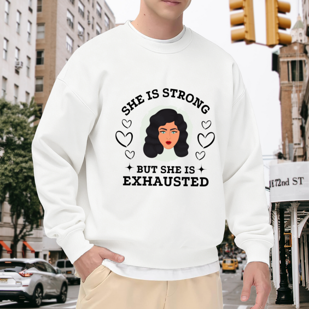 She Is Strong But She Is Exhausted Women's Graphic Crewneck Sweatshirt | Relatable Burnout Humor Portrait Pullover, Self-Care Gift