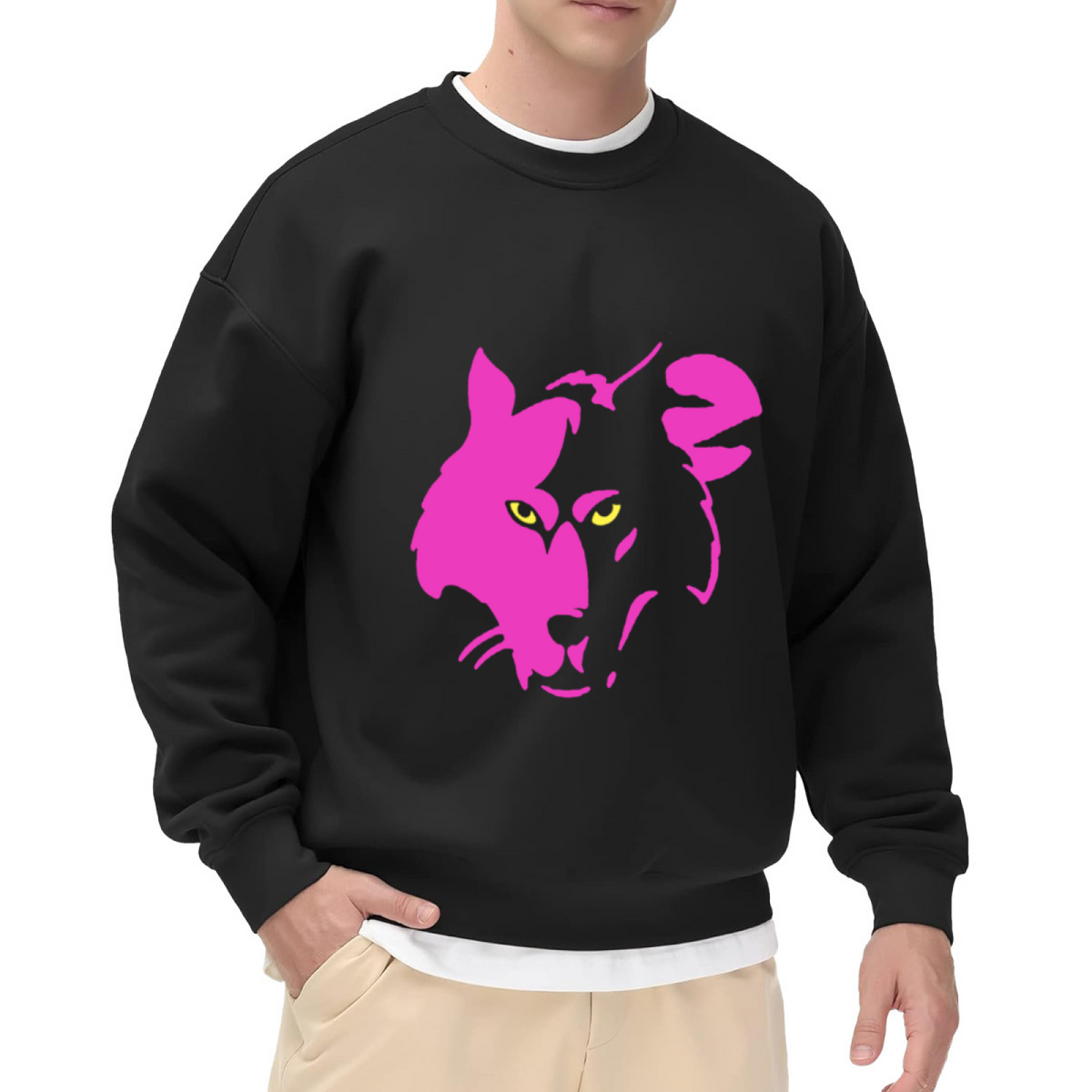 Neon Pink Cougar Head Crewneck Sweatshirt - Bold Wildcat Silhouette Pullover, Big Cat Lover Streetwear, Wildlife Graphic Top