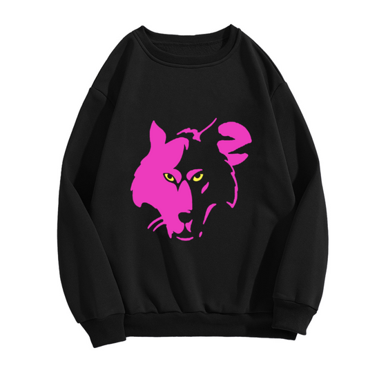 Neon Pink Cougar Head Crewneck Sweatshirt - Bold Wildcat Silhouette Pullover, Big Cat Lover Streetwear, Wildlife Graphic Top