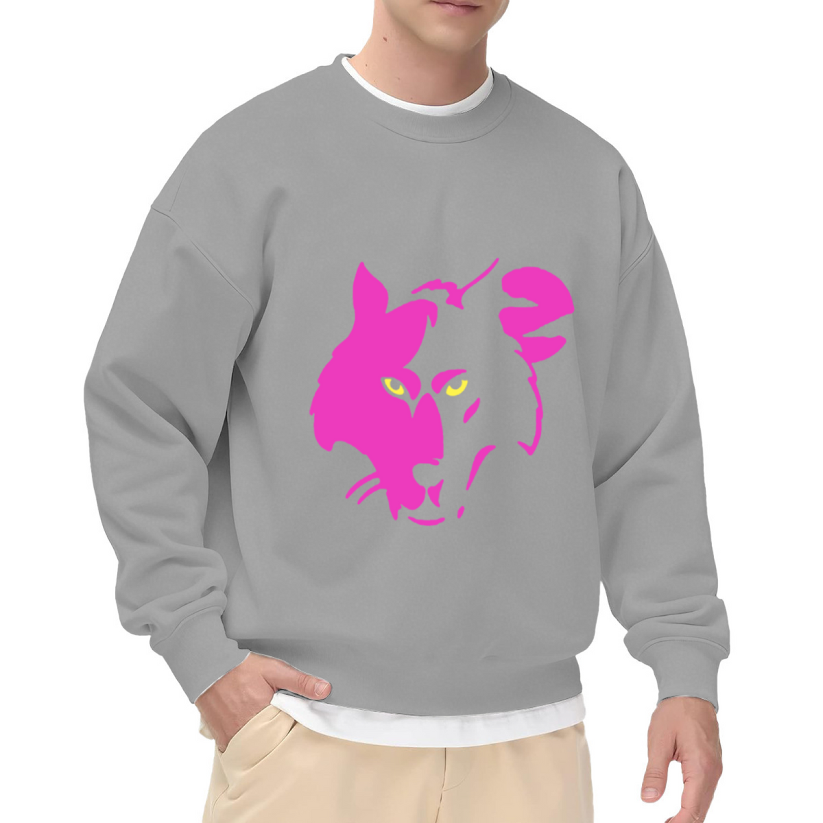 Neon Pink Cougar Head Crewneck Sweatshirt - Bold Wildcat Silhouette Pullover, Big Cat Lover Streetwear, Wildlife Graphic Top