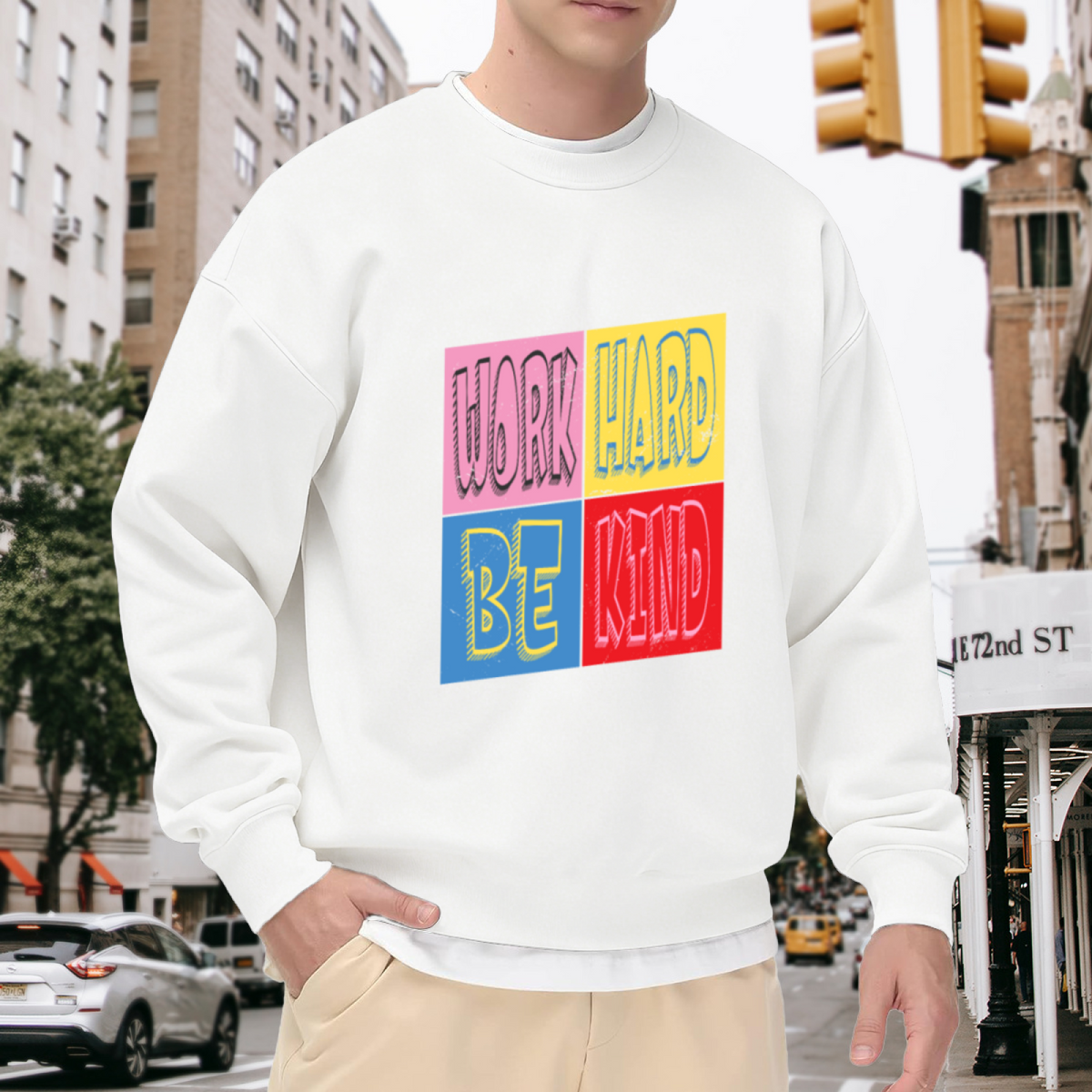 Work Hard Be Kind Color Block Crewneck Sweatshirt Retro Motivational Graphic