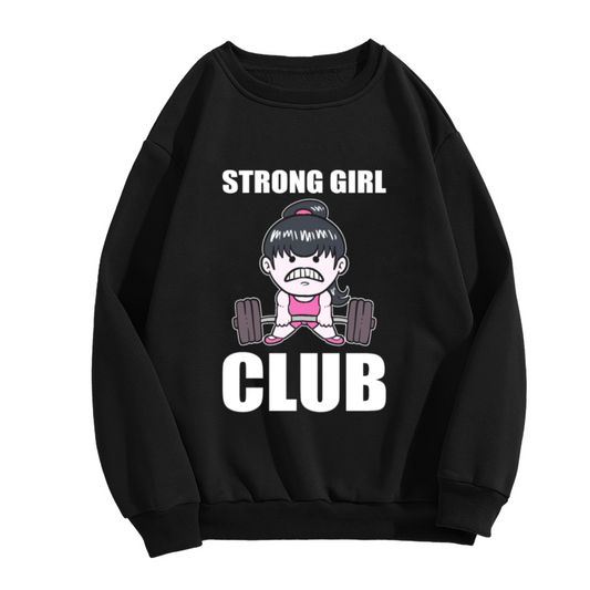 Strong Girl Club Weightlifting Crewneck Sweatshirt, Cartoon Gym Barbell Pullover, Fitness Gift For Her