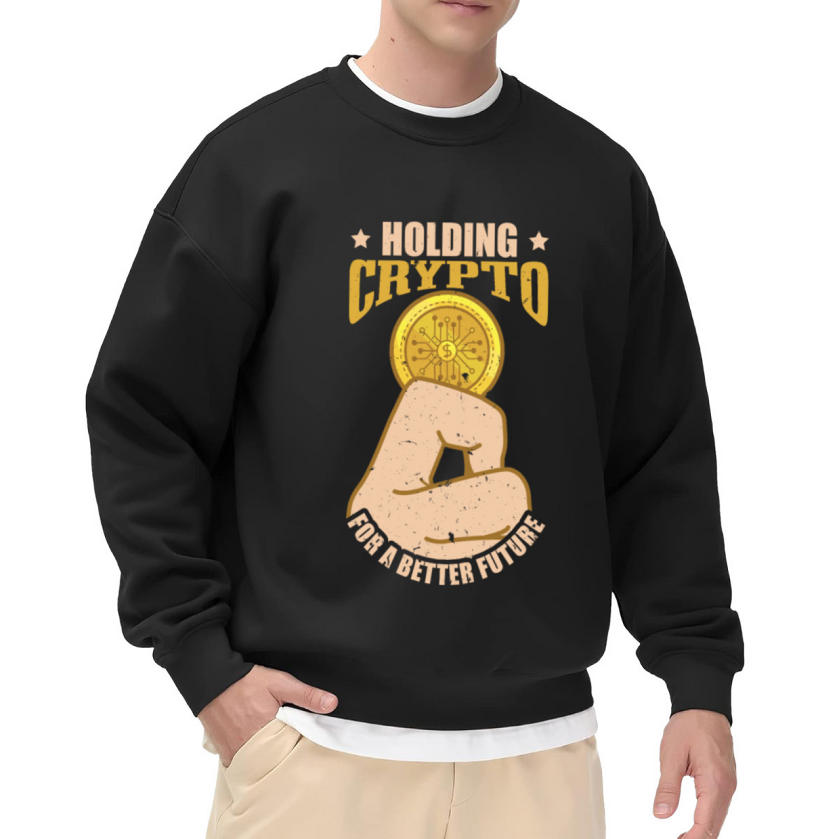 Holding Crypto For A Better Future Sweatshirt | Fist Gold Coin Graphic Crewneck, Vintage Crypto Pullover Top, Bitcoin Gift for Investors