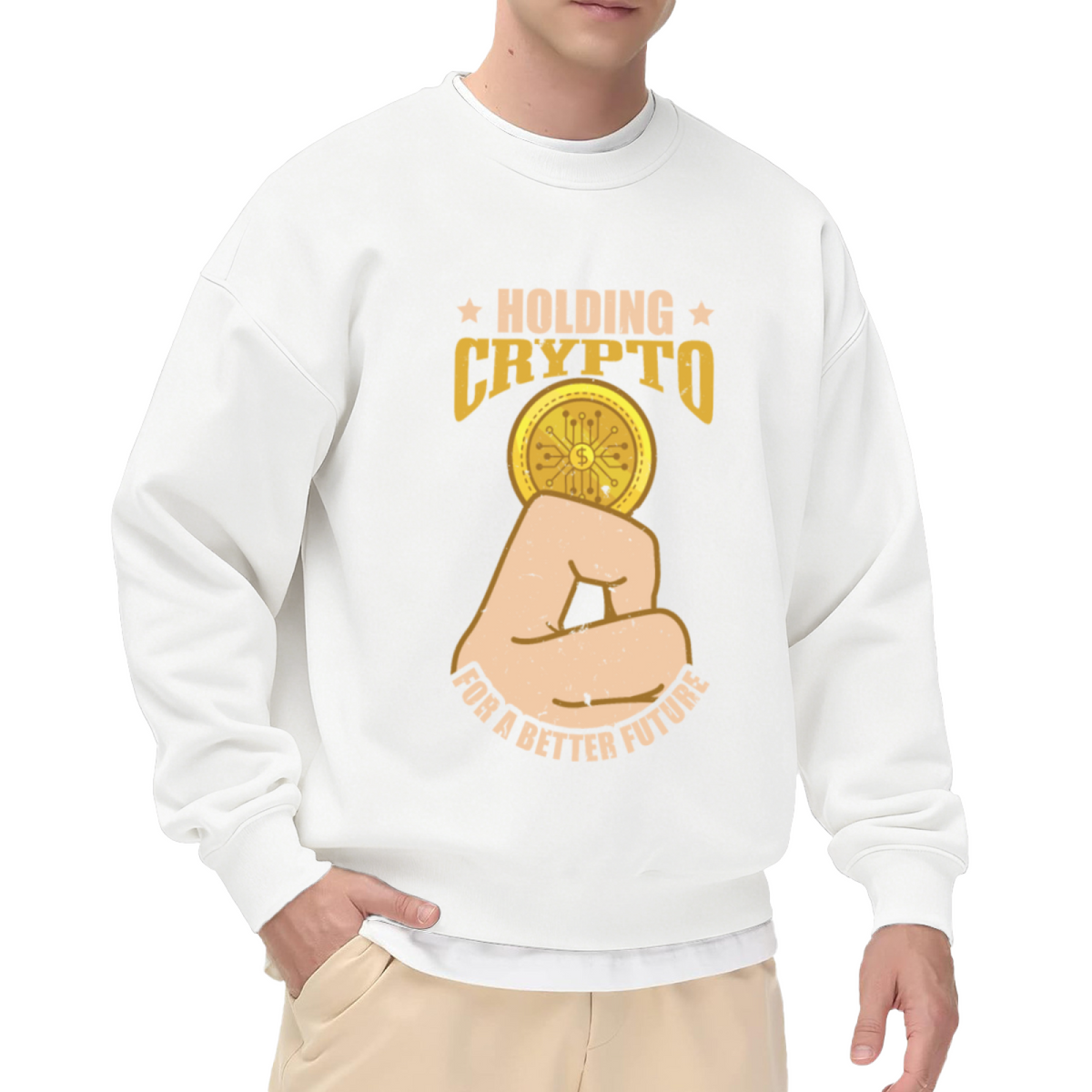 Holding Crypto For A Better Future Sweatshirt | Fist Gold Coin Graphic Crewneck, Vintage Crypto Pullover Top, Bitcoin Gift for Investors