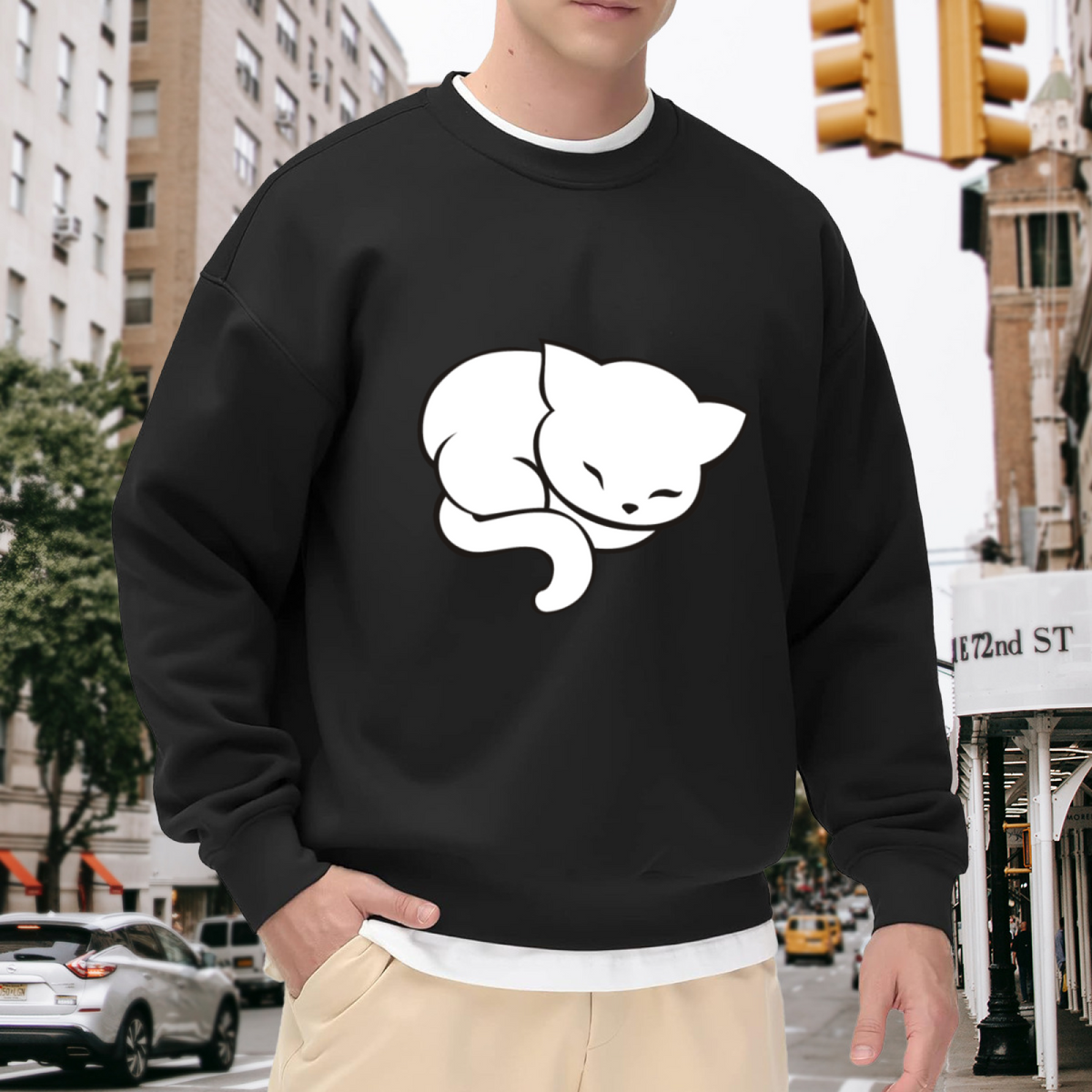 Minimalist Sleeping Cat Crewneck Sweatshirt, Cute Cozy Cat Lover Graphic Pullover